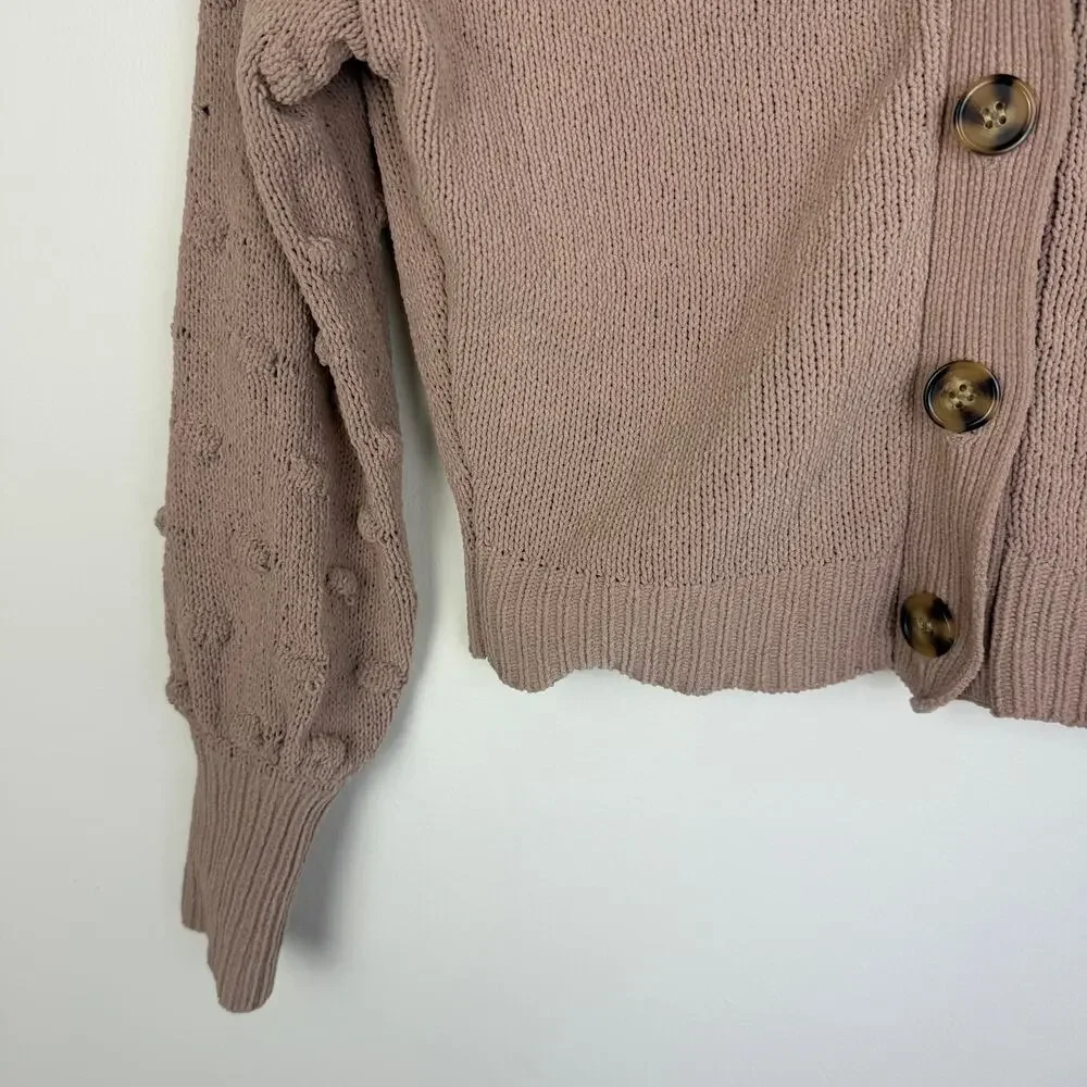 Moon & Madison Womens Long Sleeve Ball Cropped Knit Beige Button-Up Sweater XS
